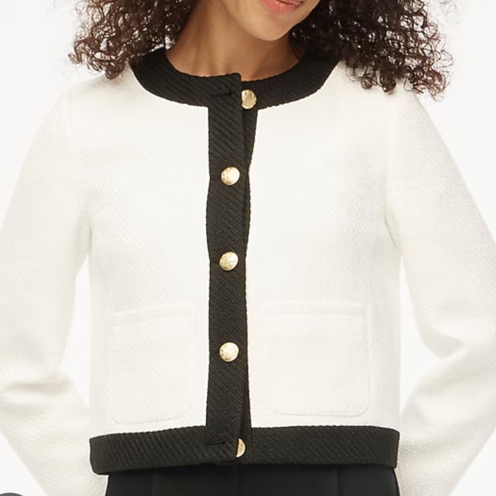 J. Crew White Tweed Cropped Jacket with Black Trim and Gold Buttons